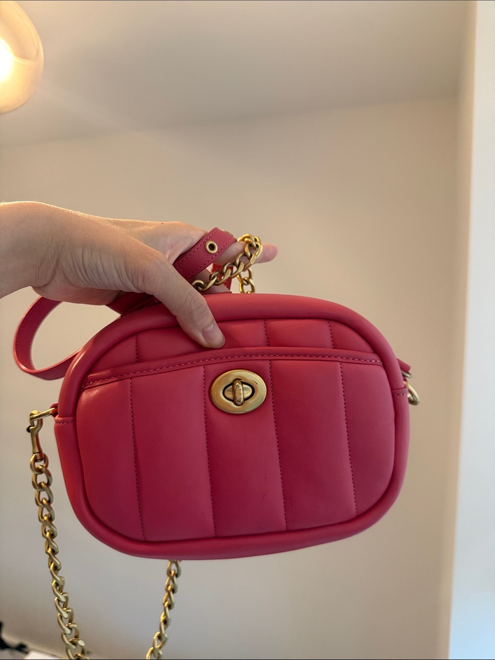 COACH Women’s Quilted Pink Crossbody Bag with Gold Chain